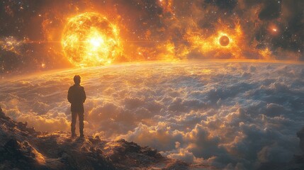 Obraz premium A figure gazes at a cosmic scene with fiery suns and swirling clouds.