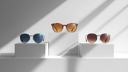 Three Stylish Sunglasses Displayed on White Podiums, Minimalist Mockup Template for Accessories, Isolated on Light Background