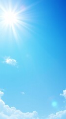 Bright Sun Shining in a Clear Blue Sky with Fluffy White Clouds, Summer Background, Photograph