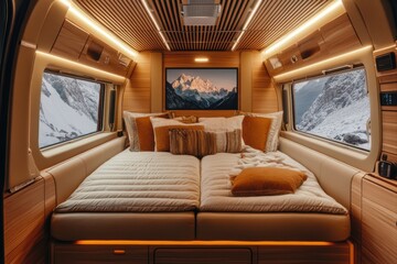 Cozy van life retreat mountainous region interior design warm environment scenic viewpoint minimalist concept