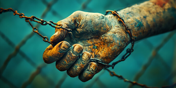 Power and Despair: Tattooed Hand Clenched on Rusty Chains in Grunge Metal Close-Up