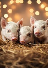Three piglet with copy space and bokeh background for design Pig day celebration social media post