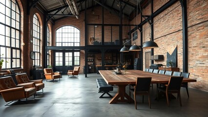 Naklejka premium A spacious industrial loft with exposed brick walls, high ceilings with black steel beams, and floor