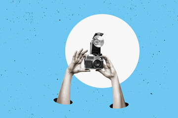 Young girl taking retro photos. Vintage party or tourism poster. Contemporary flat design art collage