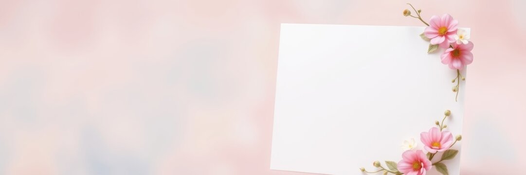 Blank card with floral decorations in a serene mood for creative invitations against a soft pastel background