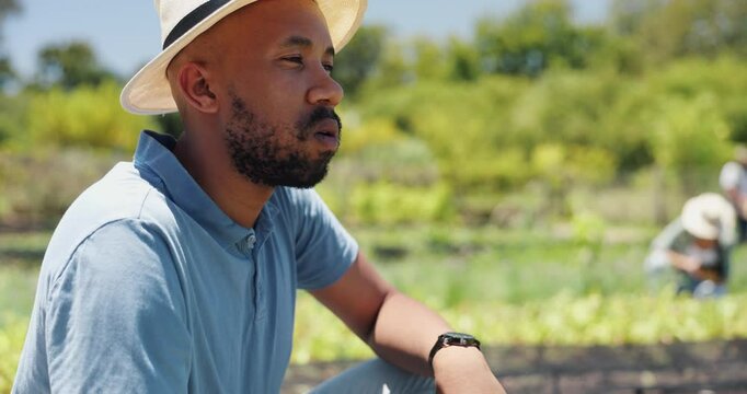 Tired man, farmer and harvest with agriculture or stress for overworked, burnout or fatigue in countryside. Frustrated, exhausted or male person in heat wave for crops, natural growth or conservation
