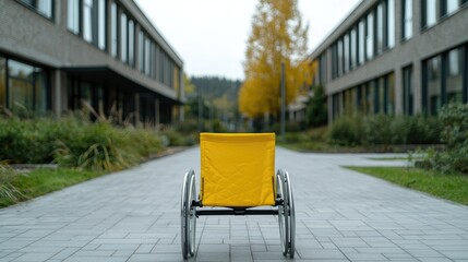 Yellow wheelchair outdoors, autumn campus path