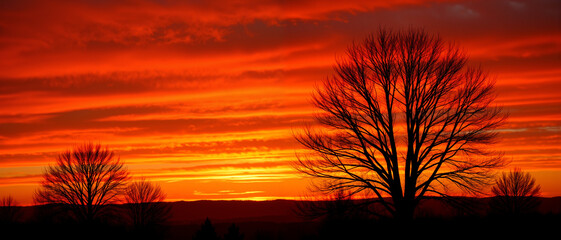 Bare Tree Silhouettes Against a Vibrant Sunset Sky Creating a Dramatic and Serene Atmosphere with Vivid Orange and Red Hues in the Background