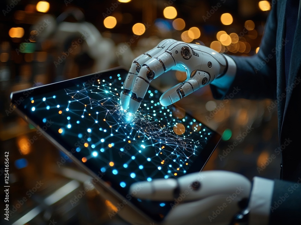 Poster businessman interacts with the touch screen to control robots in the production of factory parts in 