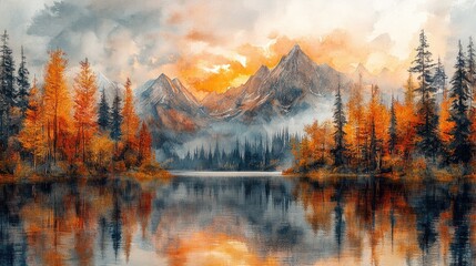 Fototapeta premium Serene autumn landscape with mountains reflecting in a calm lake at sunset.