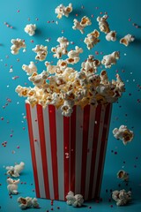 Popcorn spilling out of popcorn bucket. Movie theater popcorn against blue background. Product placement concept.