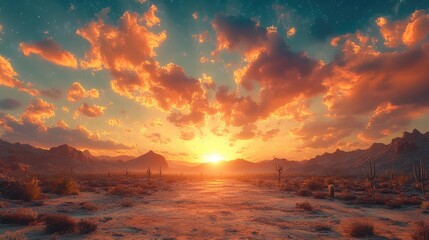 A vibrant sunset over a desert landscape with dramatic clouds and distant mountains.