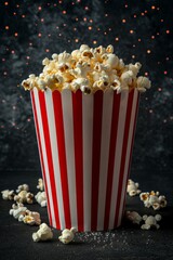 Popcorn spilling out of popcorn bucket. Movie theater popcorn. Product placement concept.