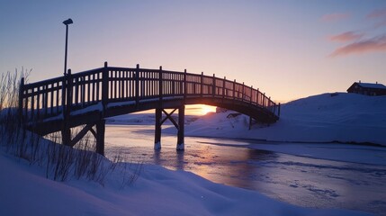 Fredvang Bridge in winter sunset, Lofoten Islands, Arctic Norway 