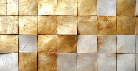 Metallic Gold And Beige Square Tiles With A Textured, Weathered Surface And Cracked Details.