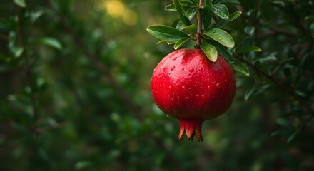 Vibrant Pomegranate Hanging From Tree Branch with Water Droplets
