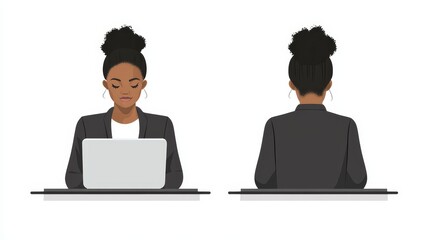 Illustration depicts a woman working on a laptop in an office, showing both front and back views in a flat design on a white background. 