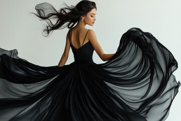 Woman in black dress, striking a dramatic pose as fabric billows around her, against a city skyline at dusk.