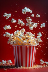 Popcorn spilling out of popcorn bucket. Movie theater popcorn against red background. Product placement concept.