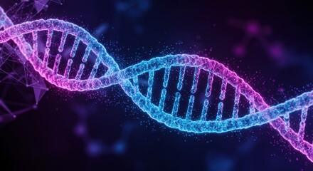 Purple blue pink DNA double helix structure or molecule. Gene therapy, CRISPR gene editing. Treatment of blood cancer and hereditary diseases. Sustainable science, eco friendly technology. Copy space.
