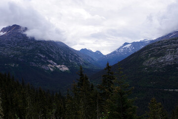 A stunning view of a mountain valley near Skagway, Alaska, with towering peaks partially shrouded in clouds and evergreen trees in the foreground. 