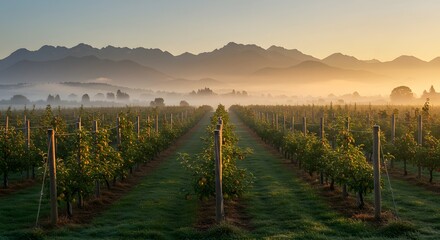 Obraz premium Vineyard Row View with Mountains in Fog at Early Morning