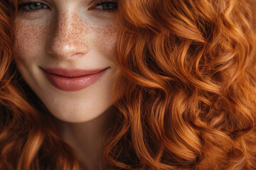 Naklejka premium A woman with fiery red hair admiring a vibrant sunset over the ocean, casting a warm glow on the sandy beach.