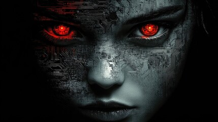 A futuristic face with glowing red eyes and a cybernetic texture.