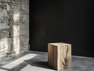 Rustic Wooden Cube on Brick Wall Background Minimalist Product Photography Still Life