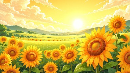Vibrant Sunflower Field Under a Bright Yellow Sunny Sky, Summer Floral Landscape - Illustration
