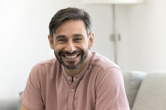 Handsome middle-aged man with warm smile, wear light pink shirt posing for camera, head shot portrait view. Portuguese male looks relaxed, contented, resting alone seated on cozy sofa in living room