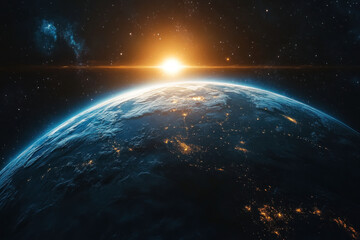 Obraz premium Earth in space, bathed in golden sunlight from the sun. Iconic blue and white swirls against the dark void, showcasing our planet's beauty and vulnerability.