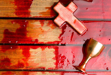 cross with jesus christ and blood in the shape of a heart