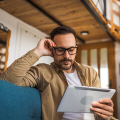 One Man caucasian Holding Digital Tablet work at home think worried