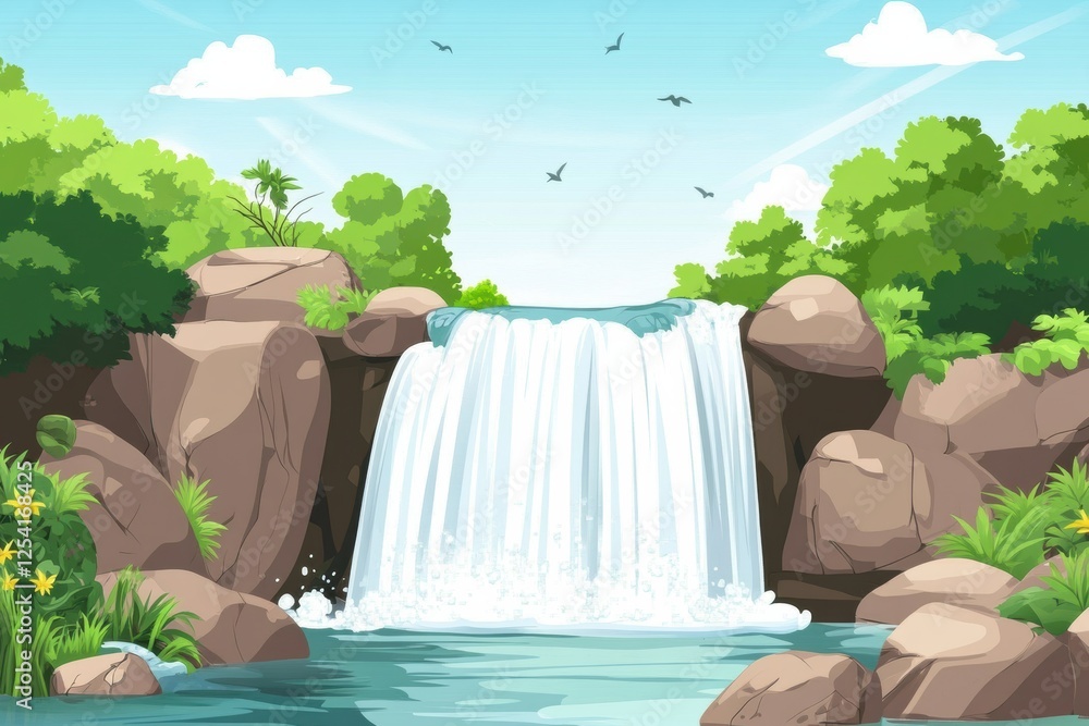 Poster flowing water cascades over rocks in a serene natural setting surrounded by lush greenery and vibran
