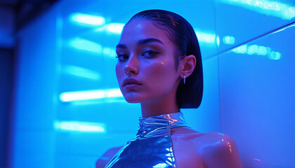 A model clad in a high-gloss chrome top with a halter neck, her hair styled sleek and geometric, wit