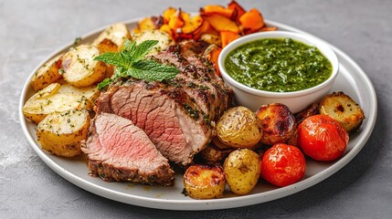 A plate of Welsh roast lamb with mint sauce, served with roasted potatoes and vegetables