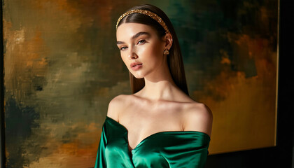 A model in an off-shoulder satin top in rich emerald green, her head adorned with a simple gold head