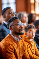 Fototapeta premium Attentive young African American man in an orange sweater sits with family.