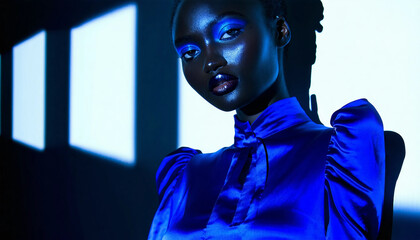 A bold editorial featuring a model in a cobalt blue silk blouse with exaggerated shoulders, her face