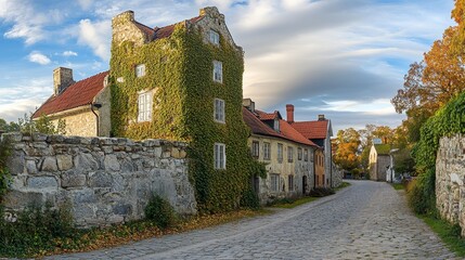 Naklejka premium Picturesque view of the ancient city wall adorned with ivy, surrounding the medieval Visby city on Gotland, Sweden. 