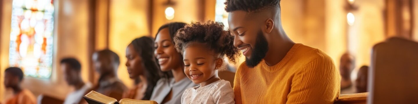 African American family reads together during a church service.