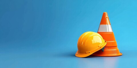 Construction Safety Gear: Hard Hat and Traffic Cone on Blue Background