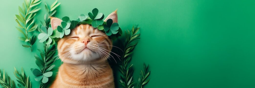 Happy ginger cat wearing a shamrock crown, relaxing on a green background.