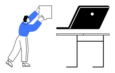 Person holding puzzle piece stands near a laptop on a desk. Ideal for creativity, teamwork, problem-solving, remote work, digital communication, innovation, education. Minimalistic abstract line flat