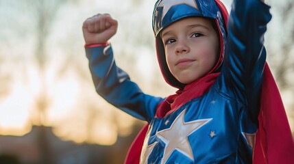 Young boy dressed as a super hero, posing