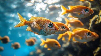 Underwater school of orange fish swimming near reef