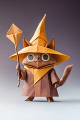 Adorable origami cat wizard, crafted with brown and orange paper, holds a staff.