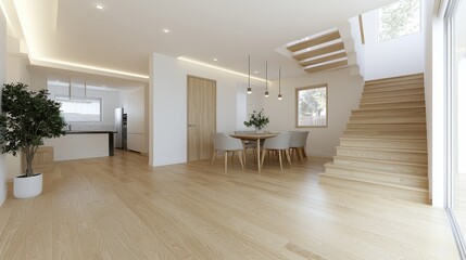 Fototapeta premium Modern minimalist home interior featuring a wooden dining table set and a matching wooden staircase under bright natural light.