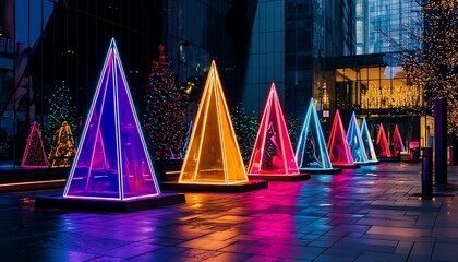 Holiday themes with a neon twist, such as neon-lit Christmas trees in city centers or glowing Hanukkah menorahs in public spaces.